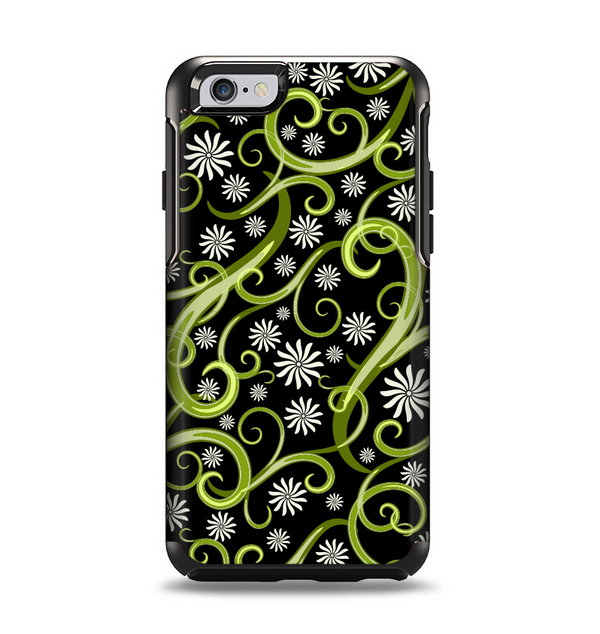 The Green Floral Swirls on Black Apple iPhone 6 Otterbox Symmetry Case Skin Set