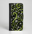 The Green Floral Swirls on Black Ink-Fuzed Leather Folding Wallet Case for the iPhone 6/6s, 6/6s Plus, 5/5s and 5c