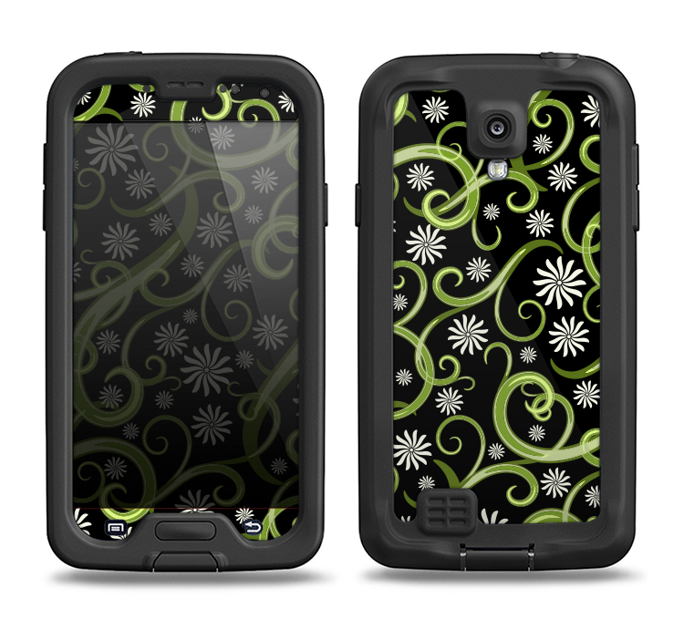 The Green Floral Swirls on Black Samsung Galaxy S4 LifeProof Nuud Case Skin Set