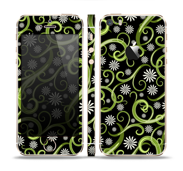 The Green Floral Swirls on Black Skin Set for the Apple iPhone 5s