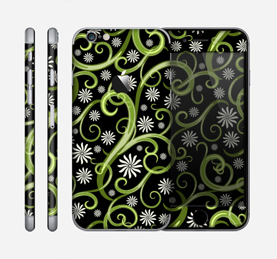The Green Floral Swirls on Black Skin for the Apple iPhone 6