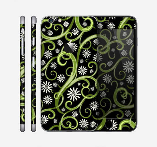The Green Floral Swirls on Black Skin for the Apple iPhone 6 Plus