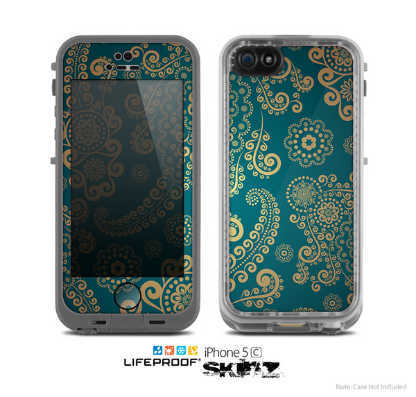The Green & Gold Lace Pattern Skin for the Apple iPhone 5c LifeProof Case