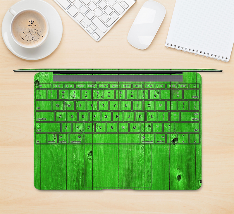 The Green Highlighted Wooden Planks Skin Kit for the 12" Apple MacBook (A1534)