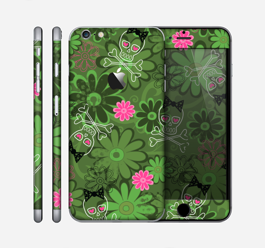 The Green Retro Floral and Skulls Skin for the Apple iPhone 6 Plus