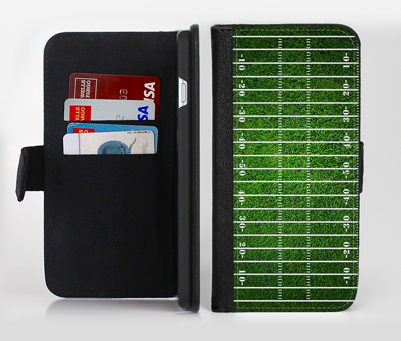 The Green Turf Football Field Ink-Fuzed Leather Folding Wallet Credit-Card Case for the Apple iPhone 6/6s, 6/6s Plus, 5/5s and 5c