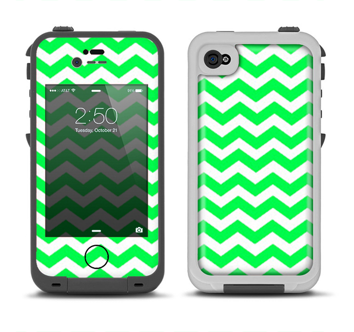 The Green & White Chevron Pattern Apple iPhone 4-4s LifeProof Fre Case Skin Set
