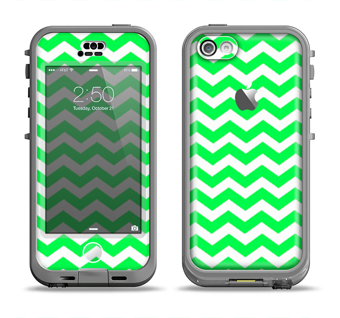 The Green & White Chevron Pattern Apple iPhone 5c LifeProof Nuud Case Skin Set