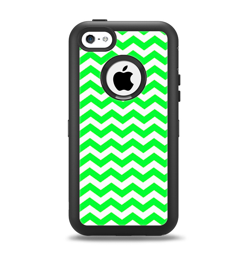 The Green & White Chevron Pattern Apple iPhone 5c Otterbox Defender Case Skin Set