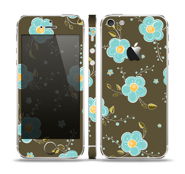 The Green and Subtle Blue Floral Pattern Skin Set for the Apple iPhone 5