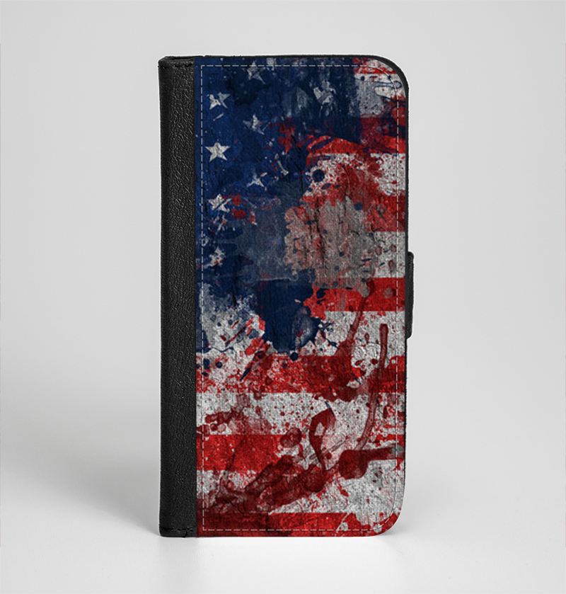 The Grungy American Flag Ink-Fuzed Leather Folding Wallet Case for the iPhone 6/6s, 6/6s Plus, 5/5s and 5c