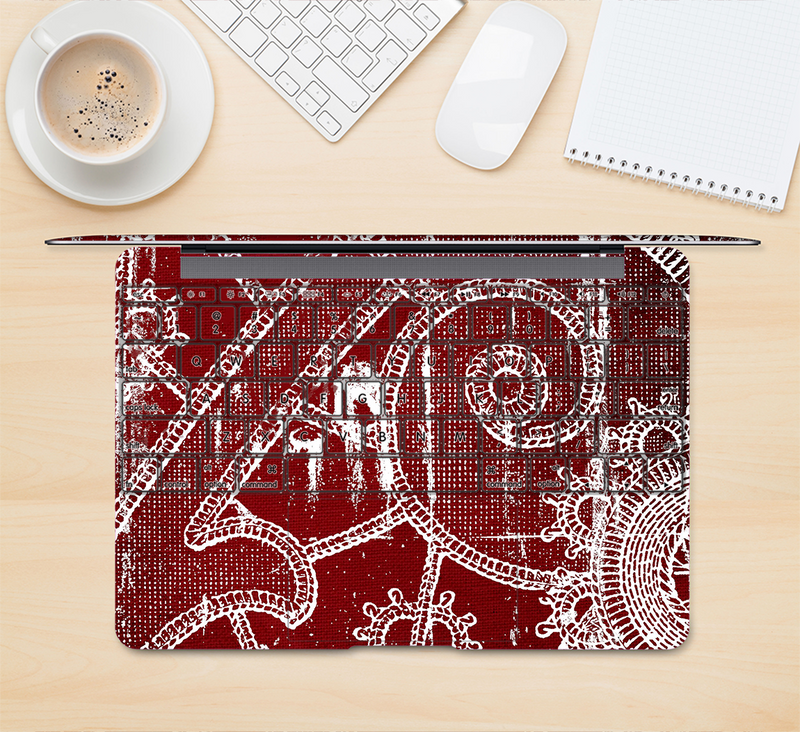 The Grungy Red & White Stitched Pattern Skin Kit for the 12" Apple MacBook (A1534)