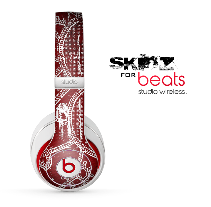 The Grungy Red & White Stitched Pattern Skin for the Beats by Dre Studio Wireless Headphones