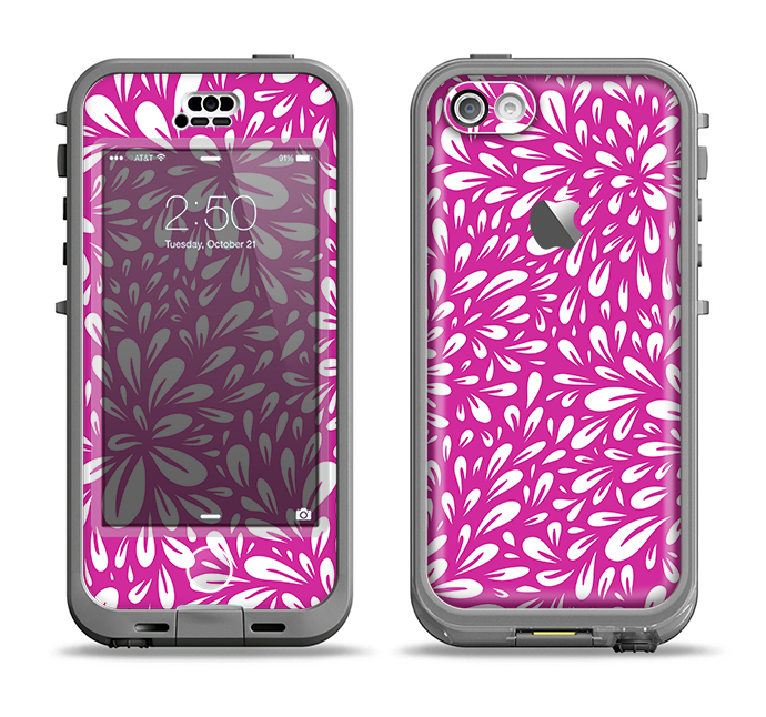 The Hot Pink & White Floral Sprout Apple iPhone 5c LifeProof Nuud Case Skin Set