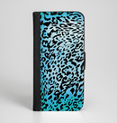 The Hot Teal Cheetah Animal Print Ink-Fuzed Leather Folding Wallet Case for the iPhone 6/6s, 6/6s Plus, 5/5s and 5c