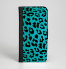 The Hot Teal Vector Leopard Print Ink-Fuzed Leather Folding Wallet Case for the iPhone 6/6s, 6/6s Plus, 5/5s and 5c