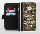 The Keep Calm & Carry On Camouflage Ink-Fuzed Leather Folding Wallet Credit-Card Case for the Apple iPhone 6/6s, 6/6s Plus, 5/5s and 5c