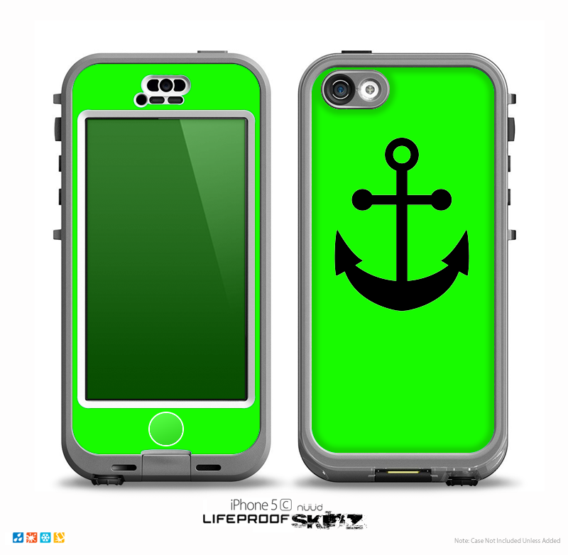 The Lime Green & Solid Black Anchor Silhouette Skin for the iPhone 5c nüüd LifeProof Case