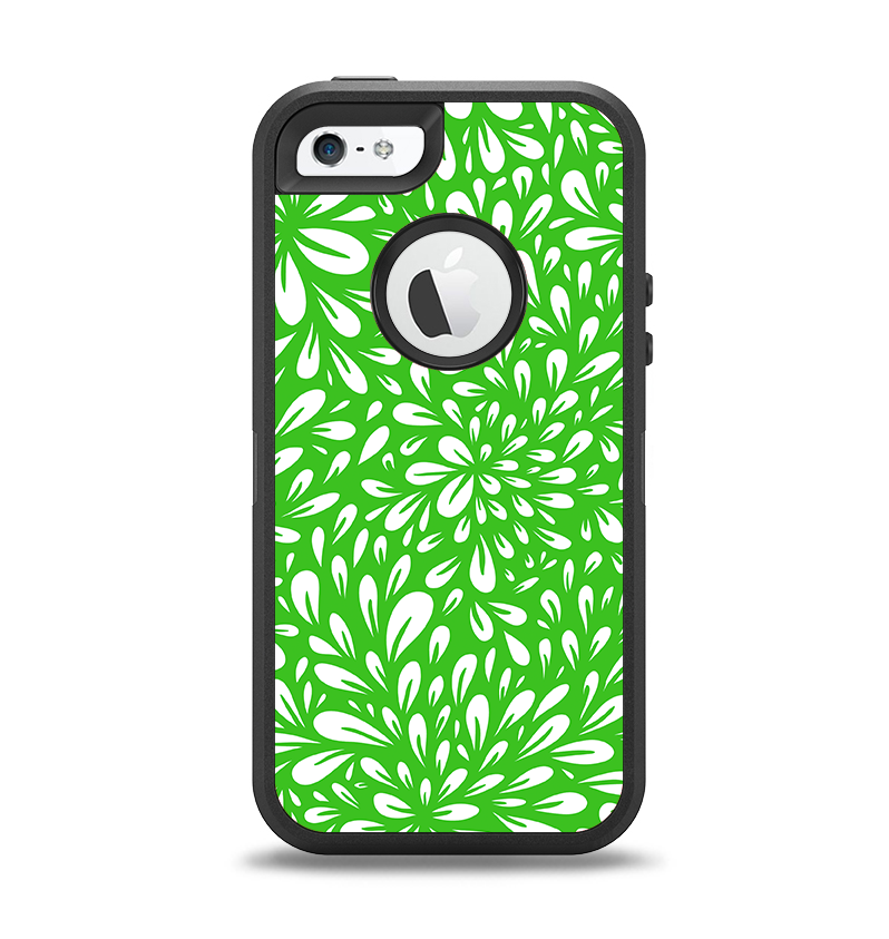 The Lime Green & White Floral Sprout Apple iPhone 5-5s Otterbox Defender Case Skin Set