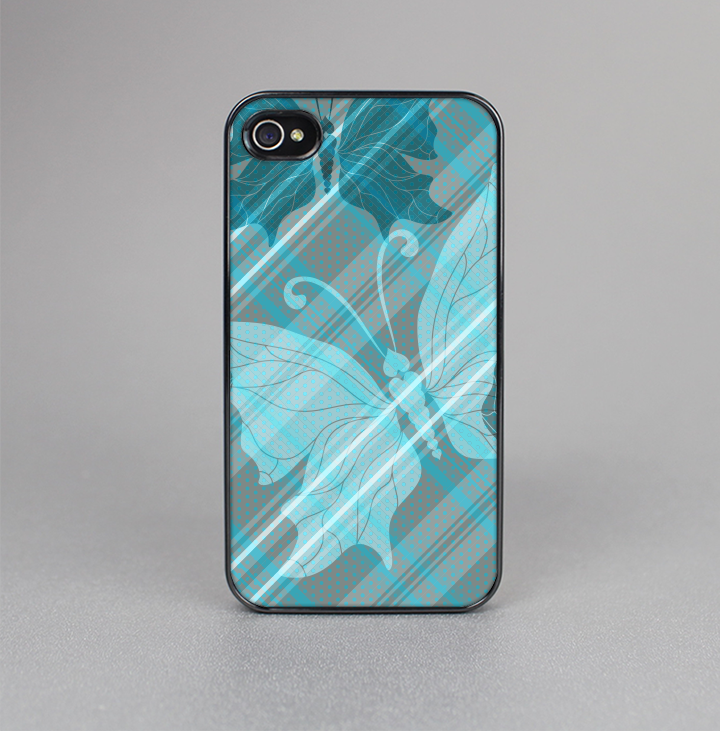 The Modern Blue Vintage Plaid Over Vector Butterflies Skin-Sert for the Apple iPhone 4-4s Skin-Sert Case