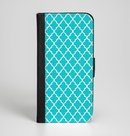 The Morocan Teal Pattern Ink-Fuzed Leather Folding Wallet Case for the iPhone 6/6s, 6/6s Plus, 5/5s and 5c