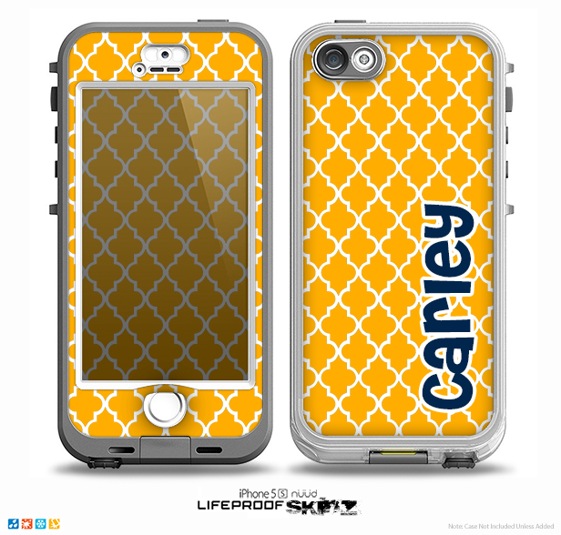 The Navy Blue Name Script Orange Morocan Pattern Skin for the iPhone 5-5s nüüd LifeProof Case
