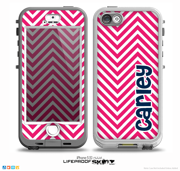 The Navy Blue Name Script & Pink Sharp Chevron Pattern Skin for the iPhone 5-5s nüüd LifeProof Case