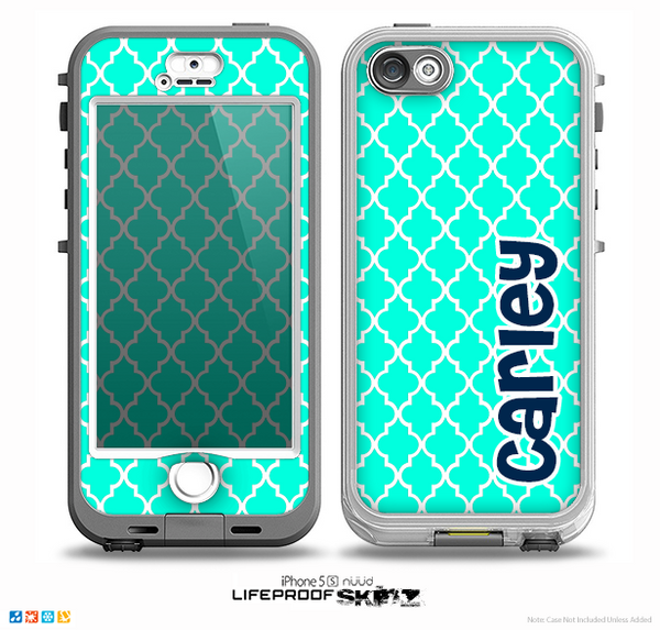 The Navy Blue Name Script Teal Green Morocan Pattern Skin for the iPhone 5-5s nüüd LifeProof Case