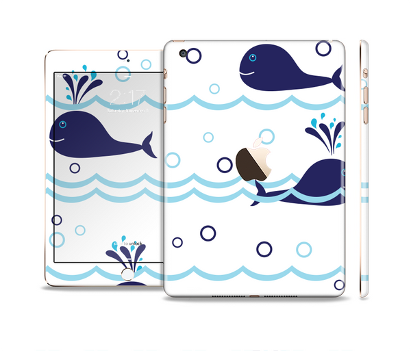 The Navy Blue Smiley Whales Full Body Skin Set for the Apple iPad Mini 3