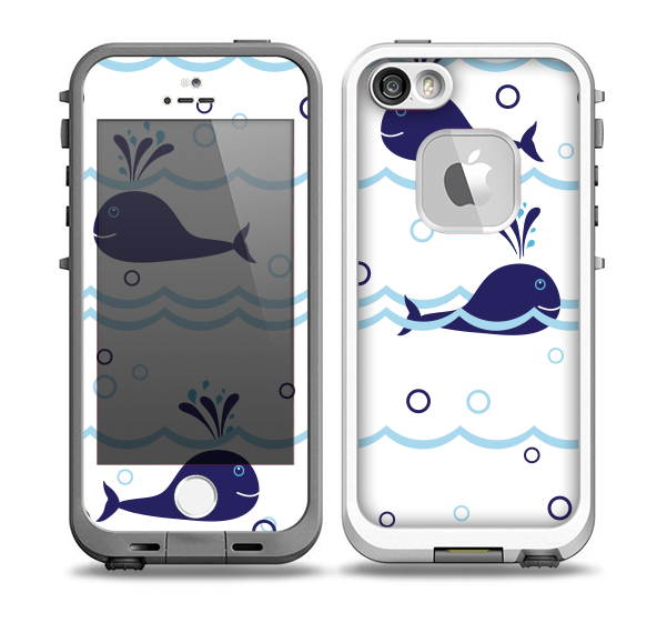 The Navy Blue Smiley Whales Skin for the iPhone 5-5s fre LifeProof Case