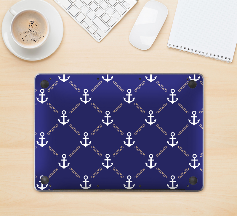 The Navy Blue & White Seamless Anchor Pattern Skin Kit for the 12" Apple MacBook (A1534)
