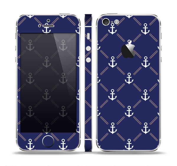 The Navy Blue & White Seamless Anchor Pattern Skin Set for the Apple iPhone 5