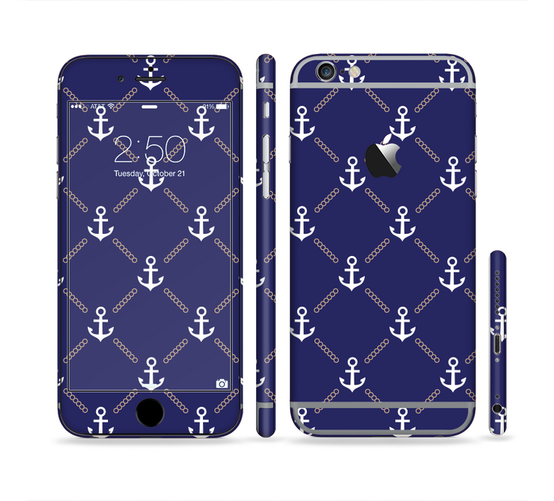 The Navy Blue & White Seamless Anchor Pattern Sectioned Skin Series for the Apple iPhone 6