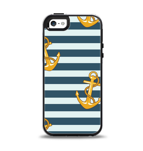 The Navy Striped with Gold Anchors Apple iPhone 5-5s Otterbox Symmetry Case Skin Set