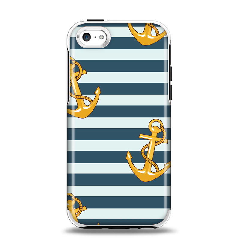 The Navy Striped with Gold Anchors Apple iPhone 5c Otterbox Symmetry Case Skin Set