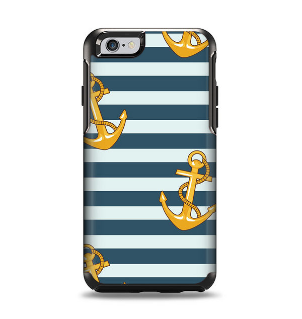 The Navy Striped with Gold Anchors Apple iPhone 6 Otterbox Symmetry Case Skin Set