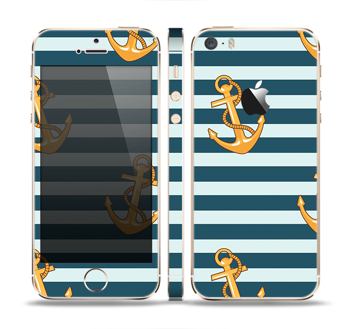 The Navy Striped with Gold Anchors Skin Set for the Apple iPhone 5s