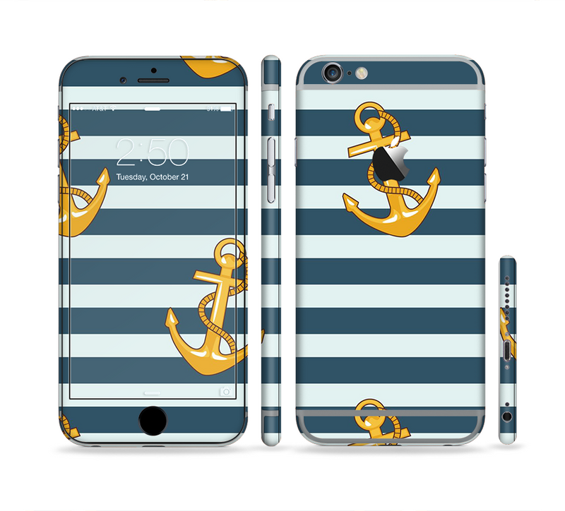 The Navy Striped with Gold Anchors Sectioned Skin Series for the Apple iPhone 6