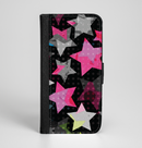 The Neon Highlighted Polka Stars On Black Ink-Fuzed Leather Folding Wallet Case for the iPhone 6/6s, 6/6s Plus, 5/5s and 5c