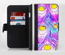 The Neon Pink & Turquoise Peacock Feather Ink-Fuzed Leather Folding Wallet Credit-Card Case for the Apple iPhone 6/6s, 6/6s Plus, 5/5s and 5c