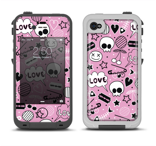 The Pink & Black Love Skulls Pattern V3 Apple iPhone 4-4s LifeProof Fre Case Skin Set
