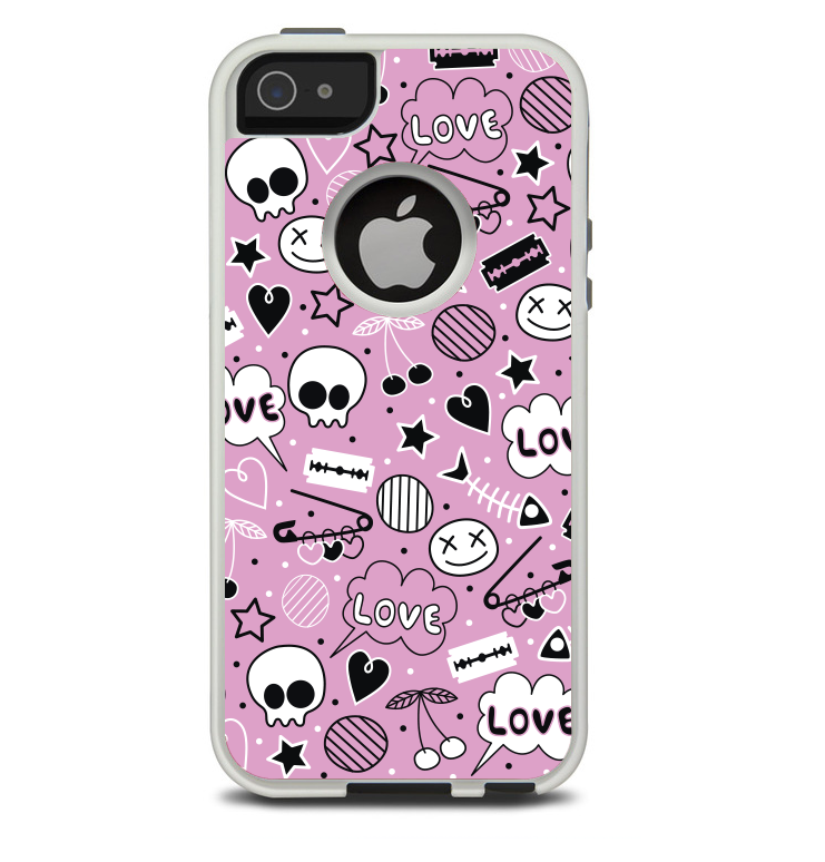 The Pink & Black Love Skulls Pattern V3 Skin For The iPhone 5-5s Otterbox Commuter Case