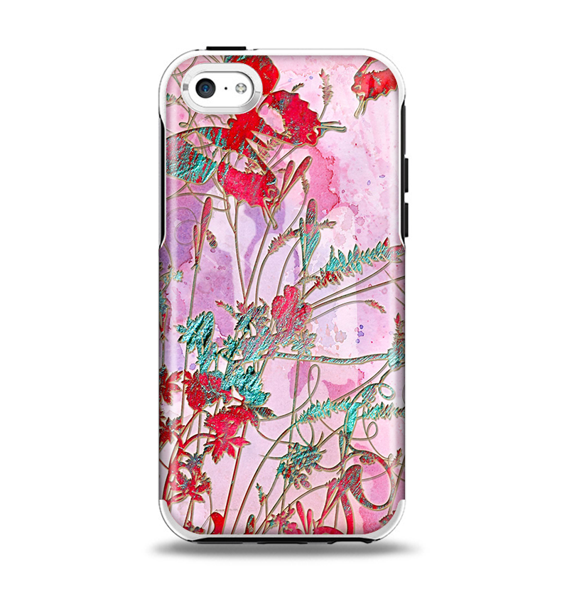 The Pink Bright Watercolor Floral Apple iPhone 5c Otterbox Symmetry Case Skin Set
