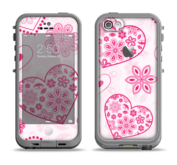 The Pink Floral Designed Hearts Apple iPhone 5c LifeProof Fre Case Skin Set