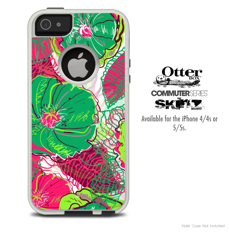 The Bright Pink and Green Flowers Skin For The iPhone 4-4s or 5-5s Otterbox Commuter Case