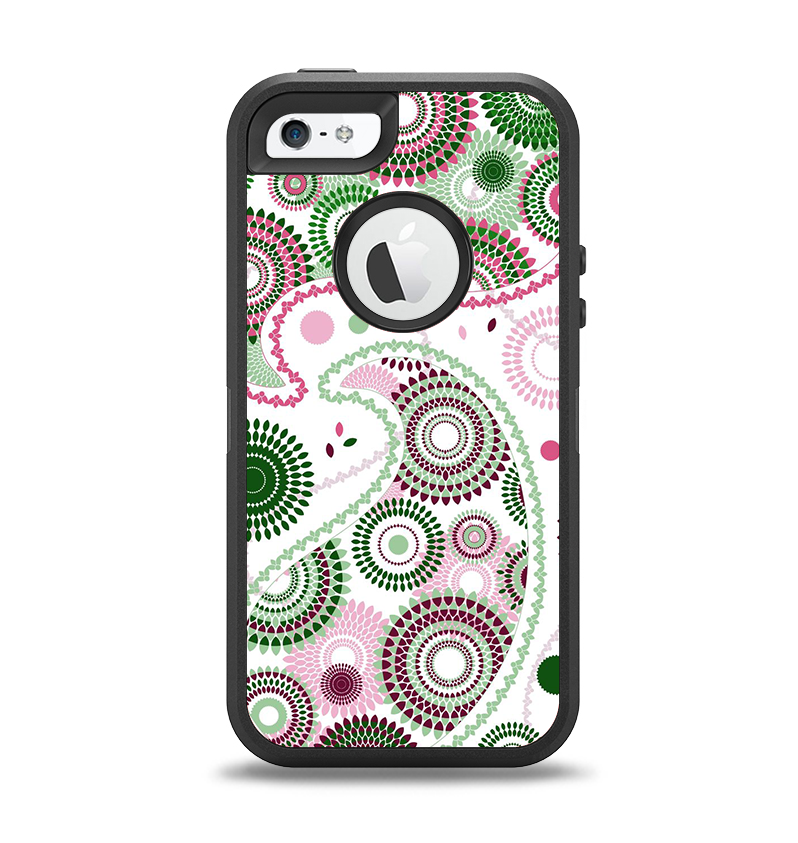 The Pink & Green Floral Paisley Apple iPhone 5-5s Otterbox Defender Case Skin Set