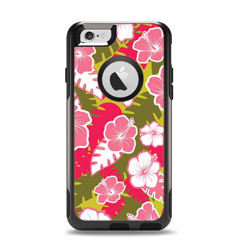 The Pink & Green Hawaiian Floral Pattern V4 Apple iPhone 6 Otterbox Commuter Case Skin Set