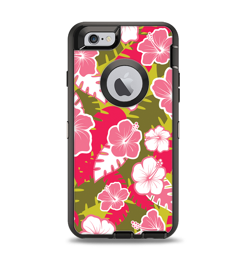 The Pink & Green Hawaiian Floral Pattern V4 Apple iPhone 6 Otterbox Defender Case Skin Set