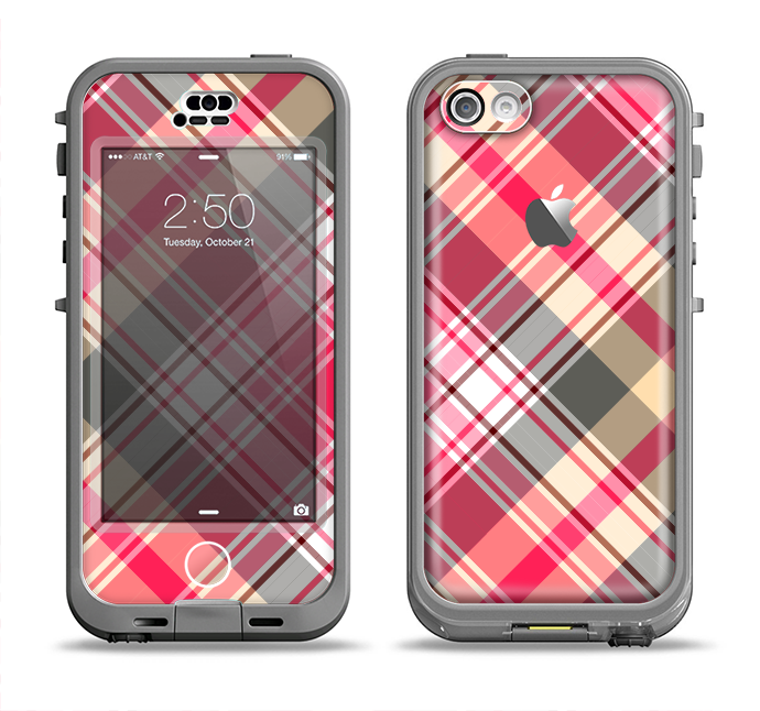 The Pink & Tan Plaid Layered Pattern V5 Apple iPhone 5c LifeProof Nuud Case Skin Set