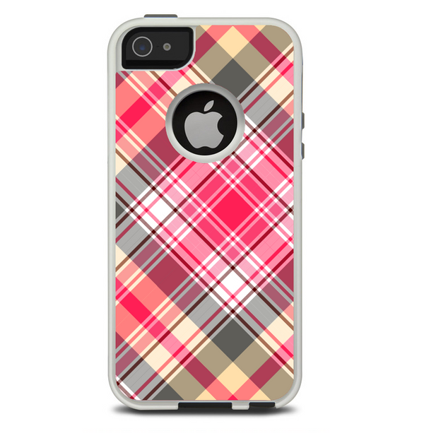 The Pink & Tan Plaid Layered Pattern V5 Skin For The iPhone 5-5s Otterbox Commuter Case